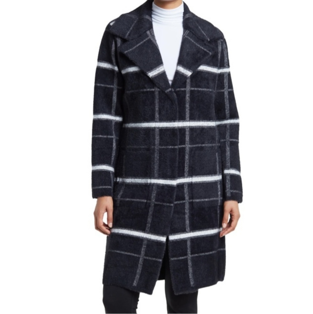 NWT Devotion by Cyrus Windowpane Plaid Notch Lapel Coat in Blk/Bone Plaid Medium